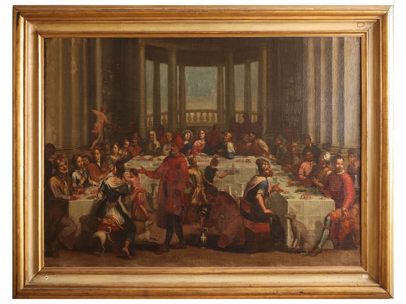 Scuola Veneta del XVII/XVIII Secolo - Le nozze di Cana, olio su tela in cornice