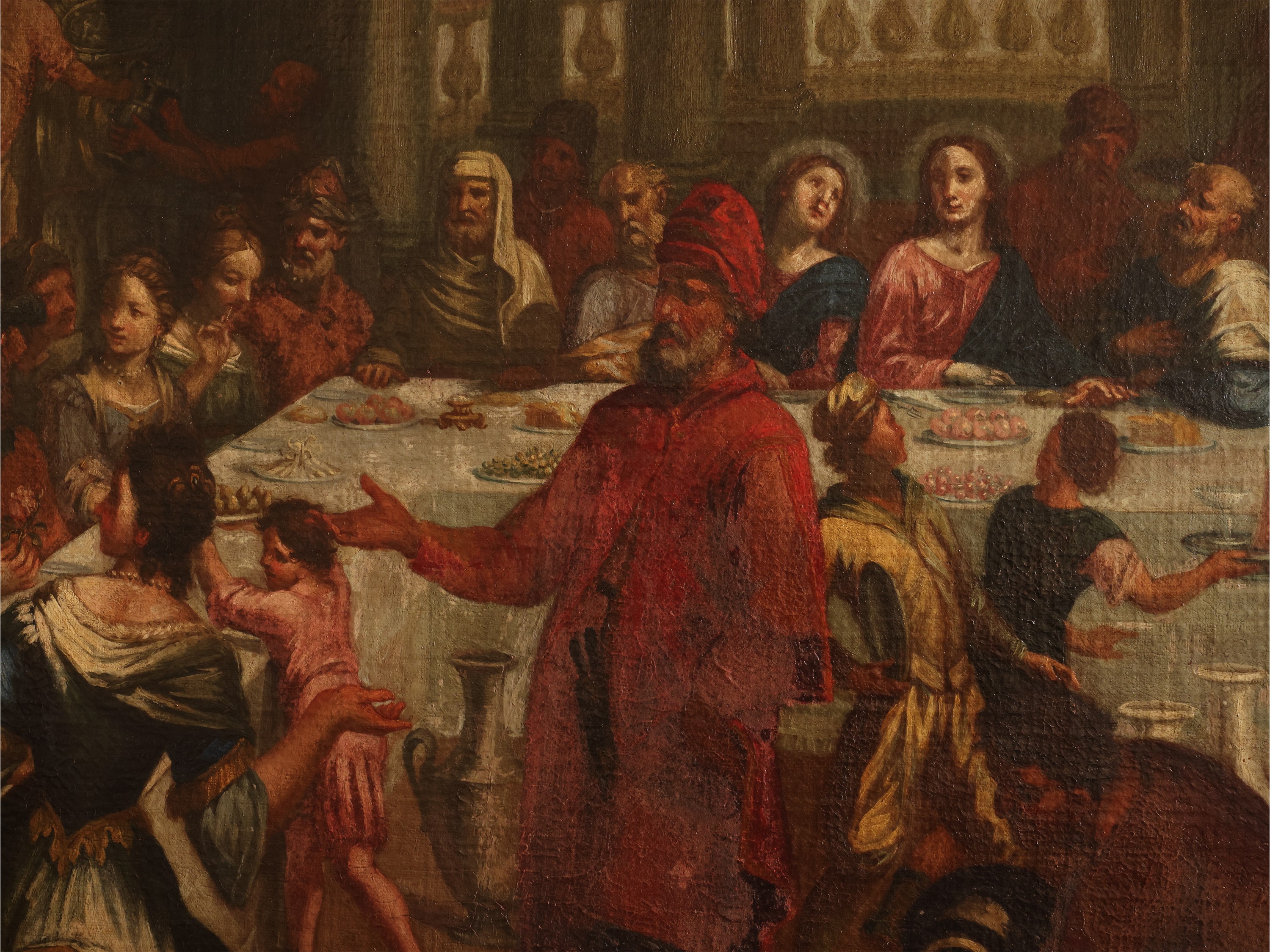 Scuola Veneta del XVII/XVIII Secolo - Le nozze di Cana, olio su tela in cornice