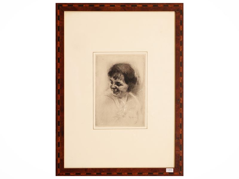 Edgar Chahine - La rieuse, puntasecca firmata in cornice