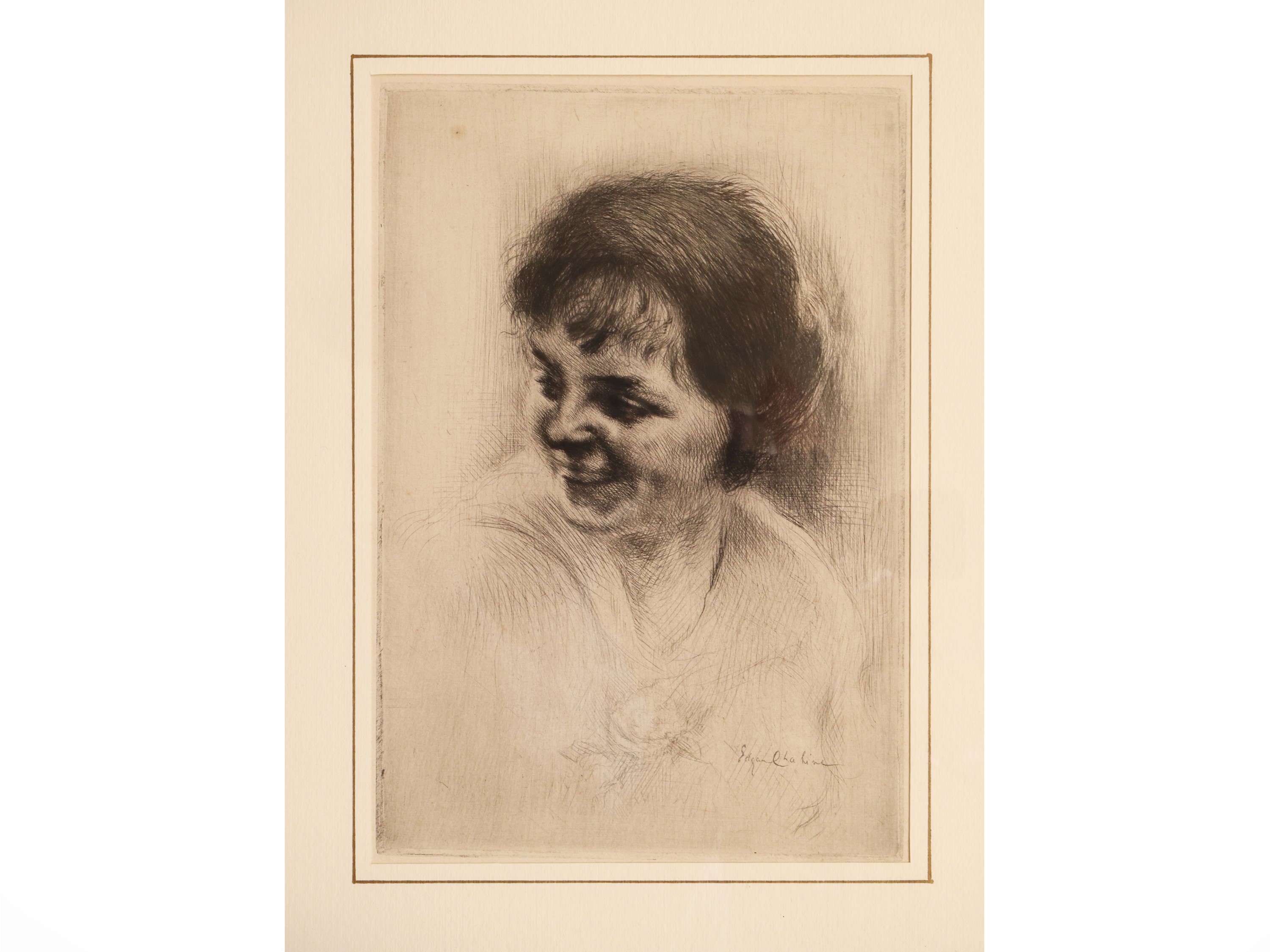 Edgar Chahine - La rieuse, puntasecca firmata in cornice