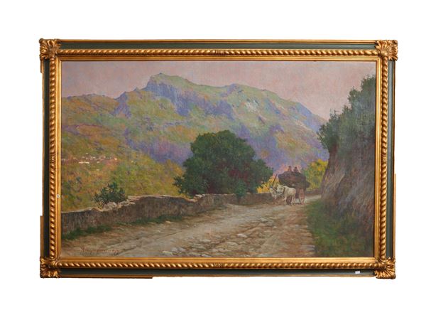 Scorcio di strada con carro di buoi
