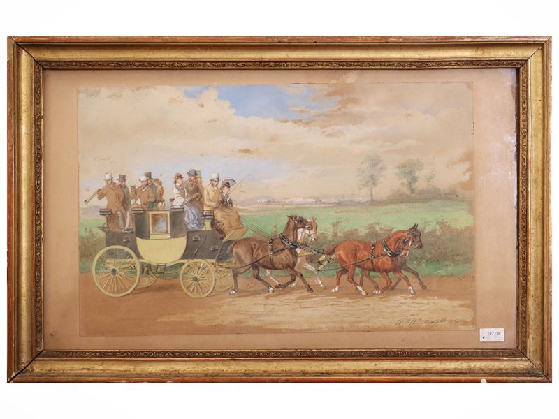 William Henry Wheelwright - Passeggiata in carrozza, gouache su carta parzialmente applicata a ca...