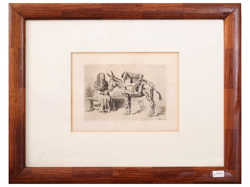 Felix Buhot - Cacoletière assise, incisione firmata in lastra