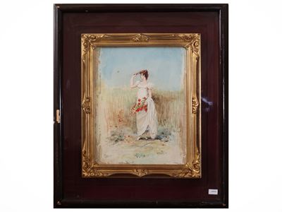 Donna con papaveri in un campo di grano