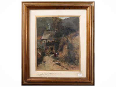 Paesaggio con figure, olio su tela firmato e datato, in cornice (XIX/XX secolo)