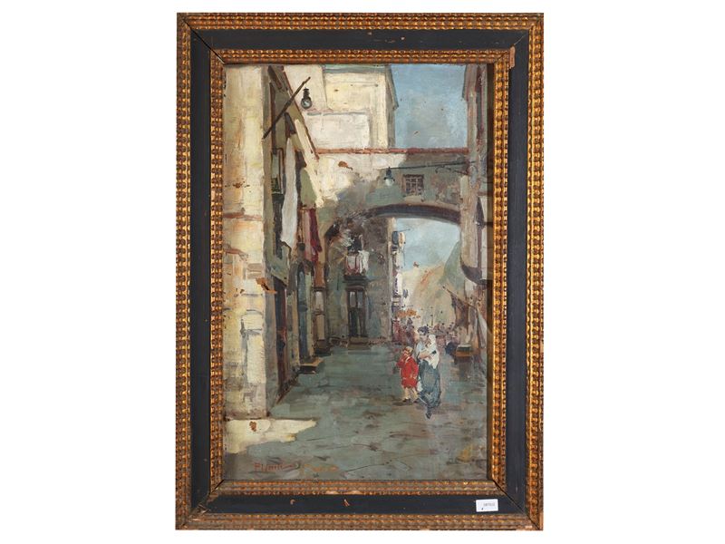 Scuola Napoletana del XX Secolo - Scorcio di vicolo con personaggi