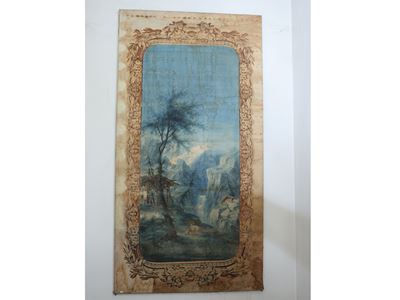 Grande pannello decorativo coprifinestra, pittura paesaggistica con bordura floreale, Francia (se...