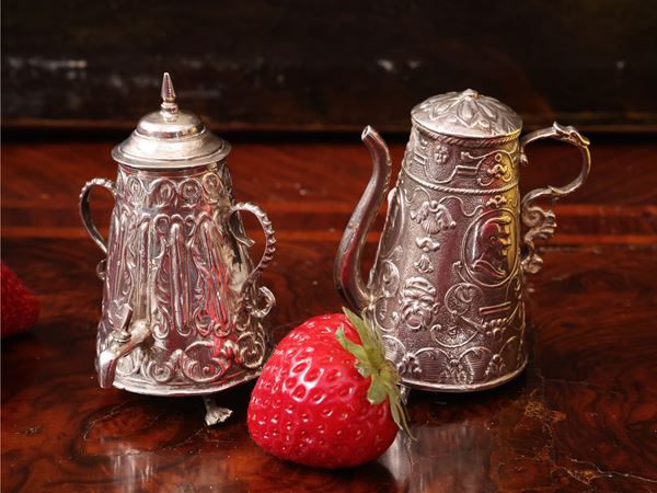 Two miniature silver coffee pots