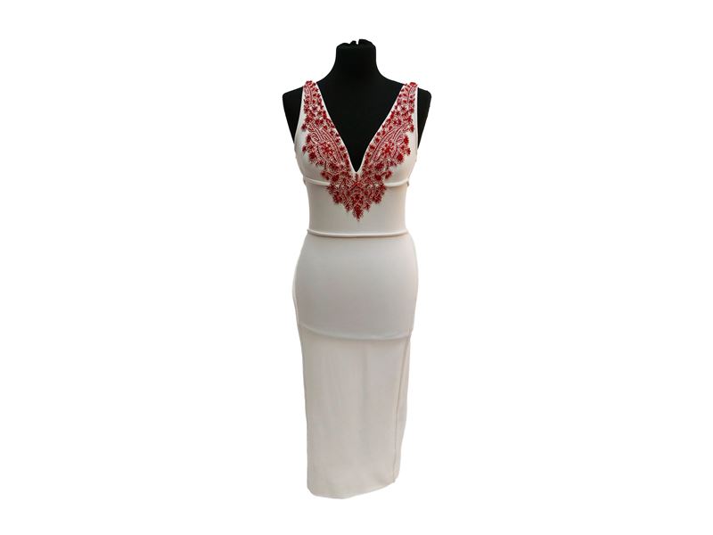 Dsquared2, Abito da cocktail in viscosa bianca a tubino smanicato con ricami in paillettes e stra...