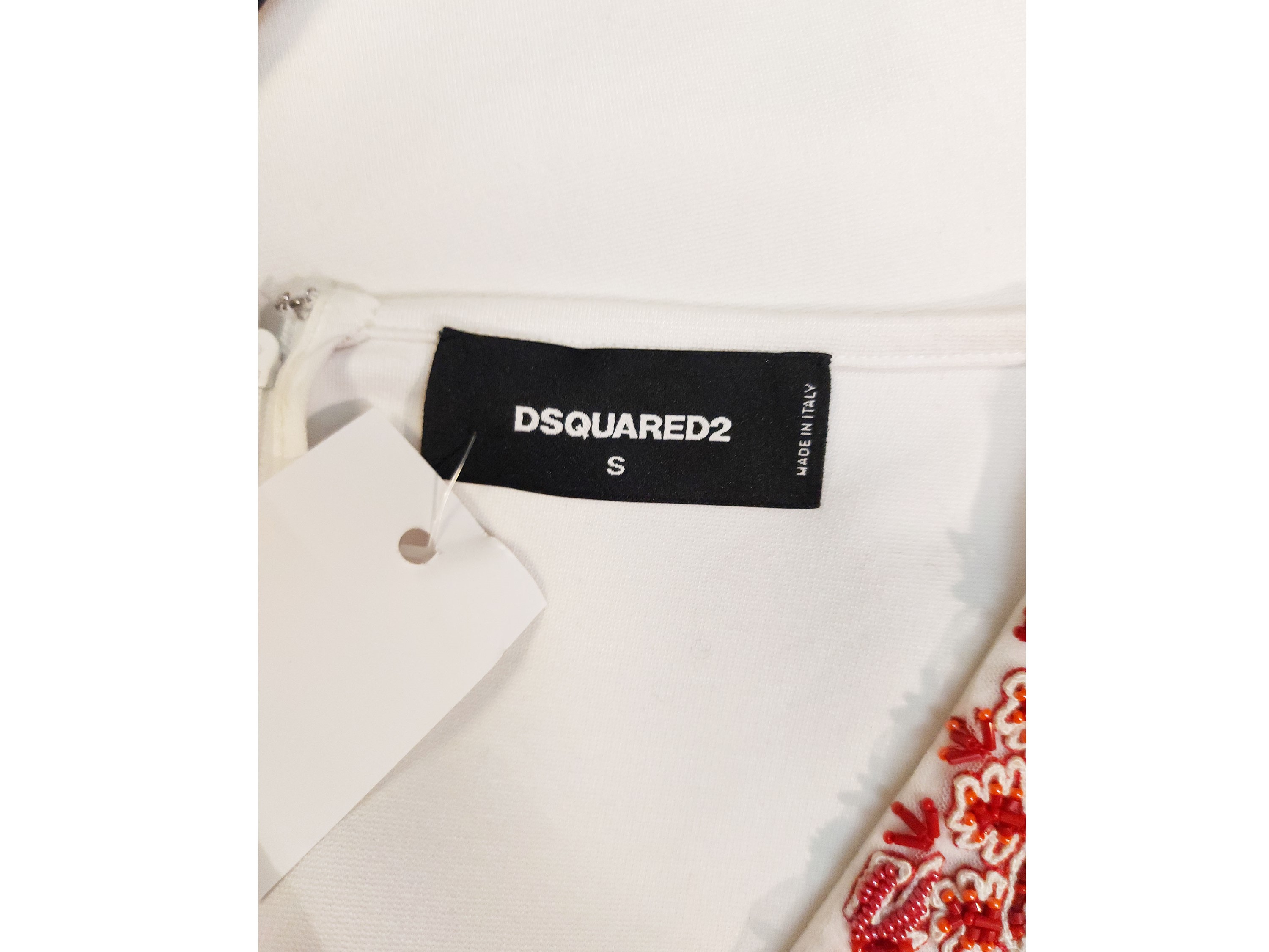Dsquared2, Abito da cocktail in viscosa bianca a tubino smanicato con ricami in paillettes e stra...