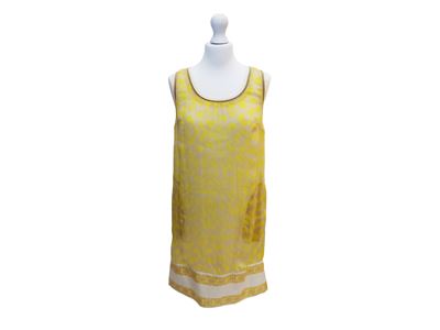 Roberto Cavalli, Abito in chiffon di seta animalier giallo con balza floreale e ologramma di aute...