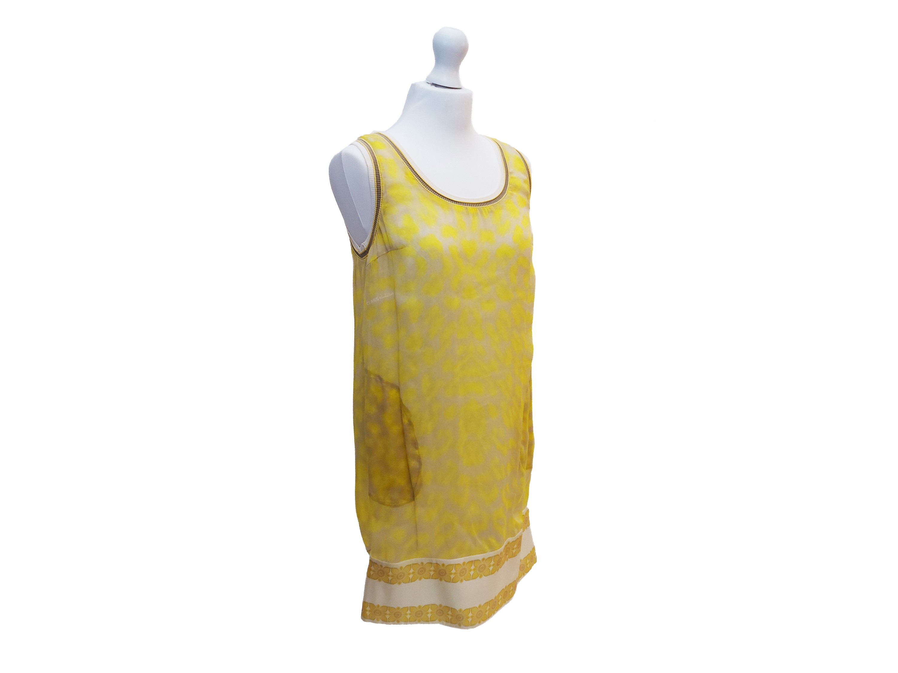 Roberto Cavalli, Abito in chiffon di seta animalier giallo con balza floreale e ologramma di aute...