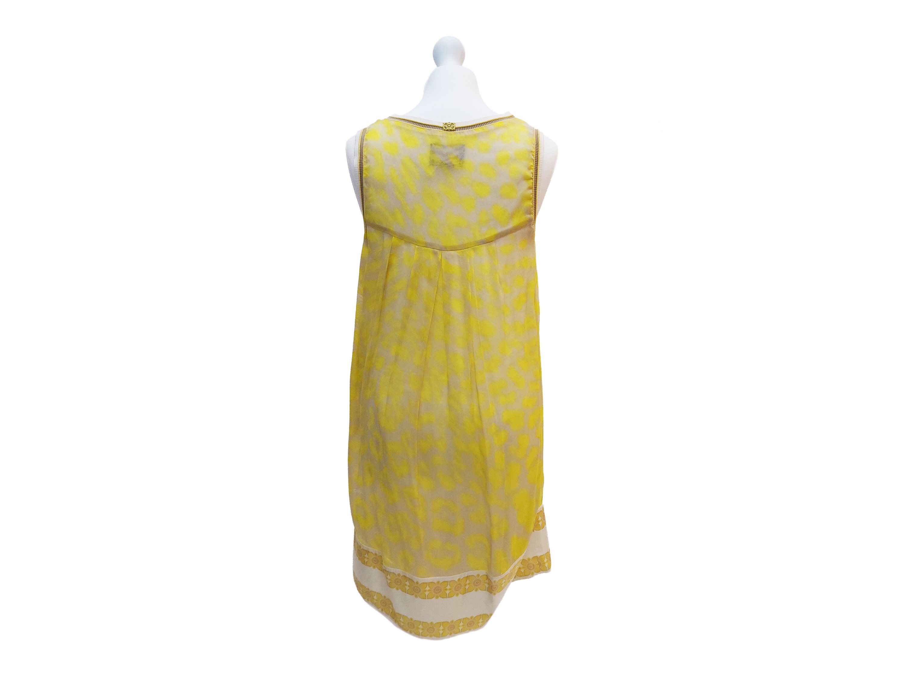 Roberto Cavalli, Abito in chiffon di seta animalier giallo con balza floreale e ologramma di aute...