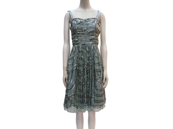 Abito in chiffon celeste con paillettes argento, Adrianna Papell