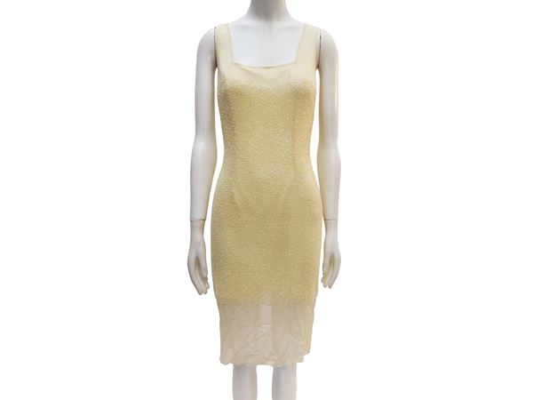Yellow silk chiffon sheath dress with beads, Bieff basix