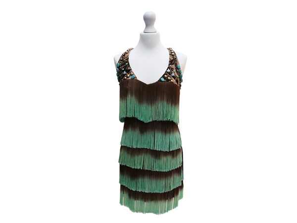 Dress with aqua green and brown fringes, Zinas