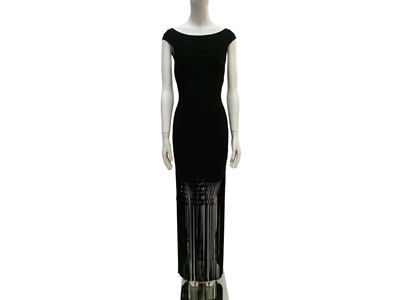 Hervé Léger, Abito lungo in maglia nera in stile bandage dress con frange all’orlo