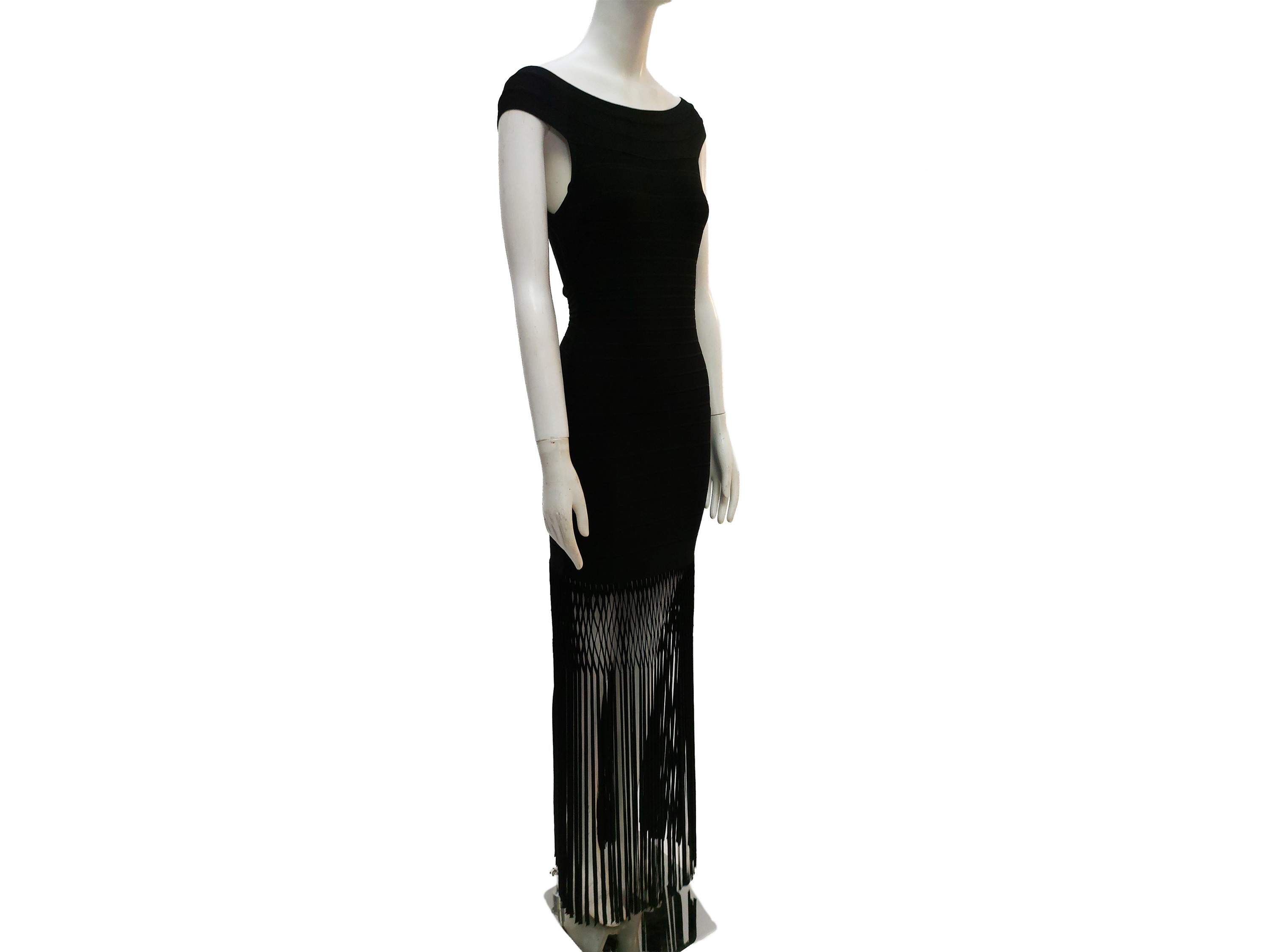 Hervé Léger, Abito lungo in maglia nera in stile bandage dress con frange all’orlo