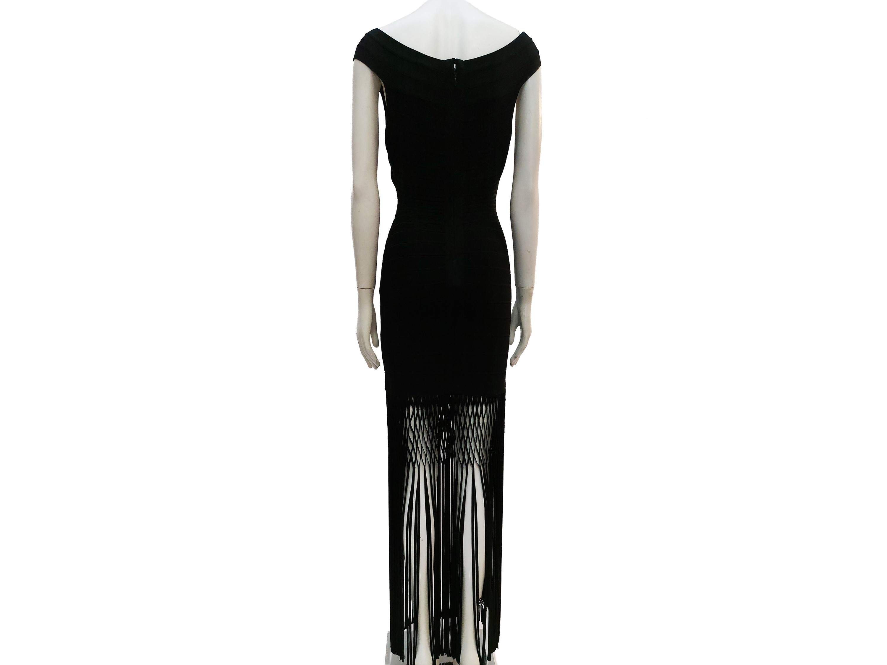 Hervé Léger, Abito lungo in maglia nera in stile bandage dress con frange all’orlo