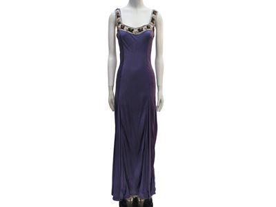 Sabine St Barths, Abito lungo in seta viola con collo quadrato decorato