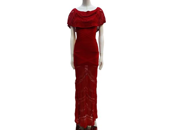 Hervé Léger - Abito lungo in rayon rosso