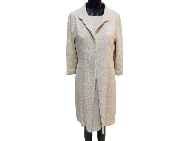 Completo in tweed di cotone bianco, spolverino e tubino (tg 48)