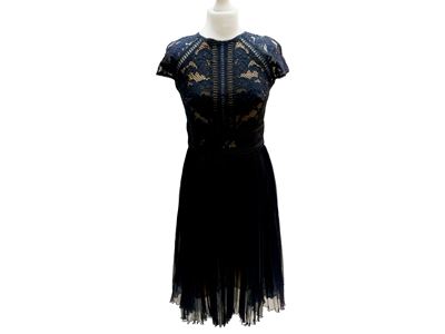 Abito da cocktail in pizzo blu, fodera color cammello, taglia 40