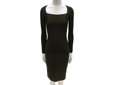 Hervé Leger, Completo in maglia elasticizzata marrone (blusa e gonna) taglia S