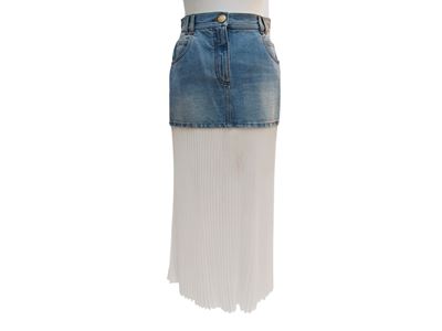 Balmain, Gonna midi ibrida con parte superiore in denim e sezione inferiore plissettata