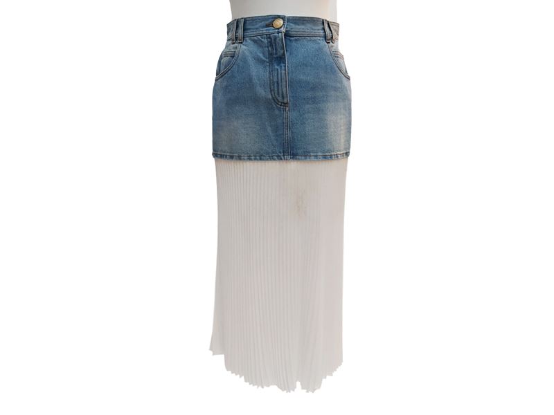 Balmain, Gonna midi ibrida con parte superiore in denim e sezione inferiore plissettata