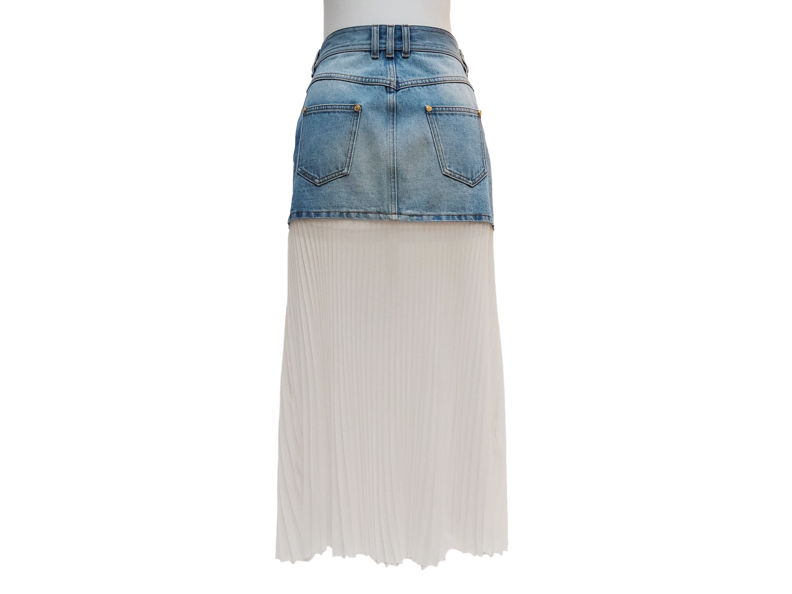 Balmain, Gonna midi ibrida con parte superiore in denim e sezione inferiore plissettata