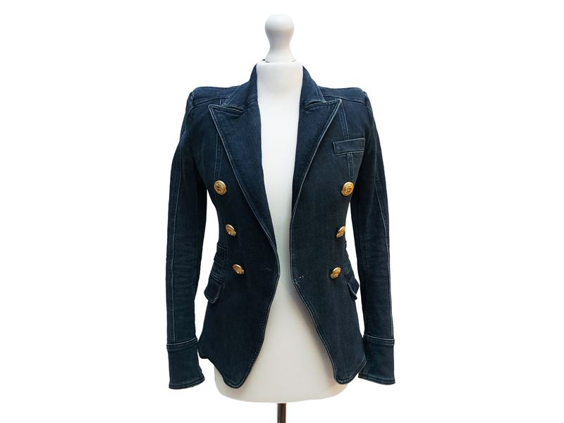 Balmain, Blazer doppiopetto in denim con bottoni gioiello color oro