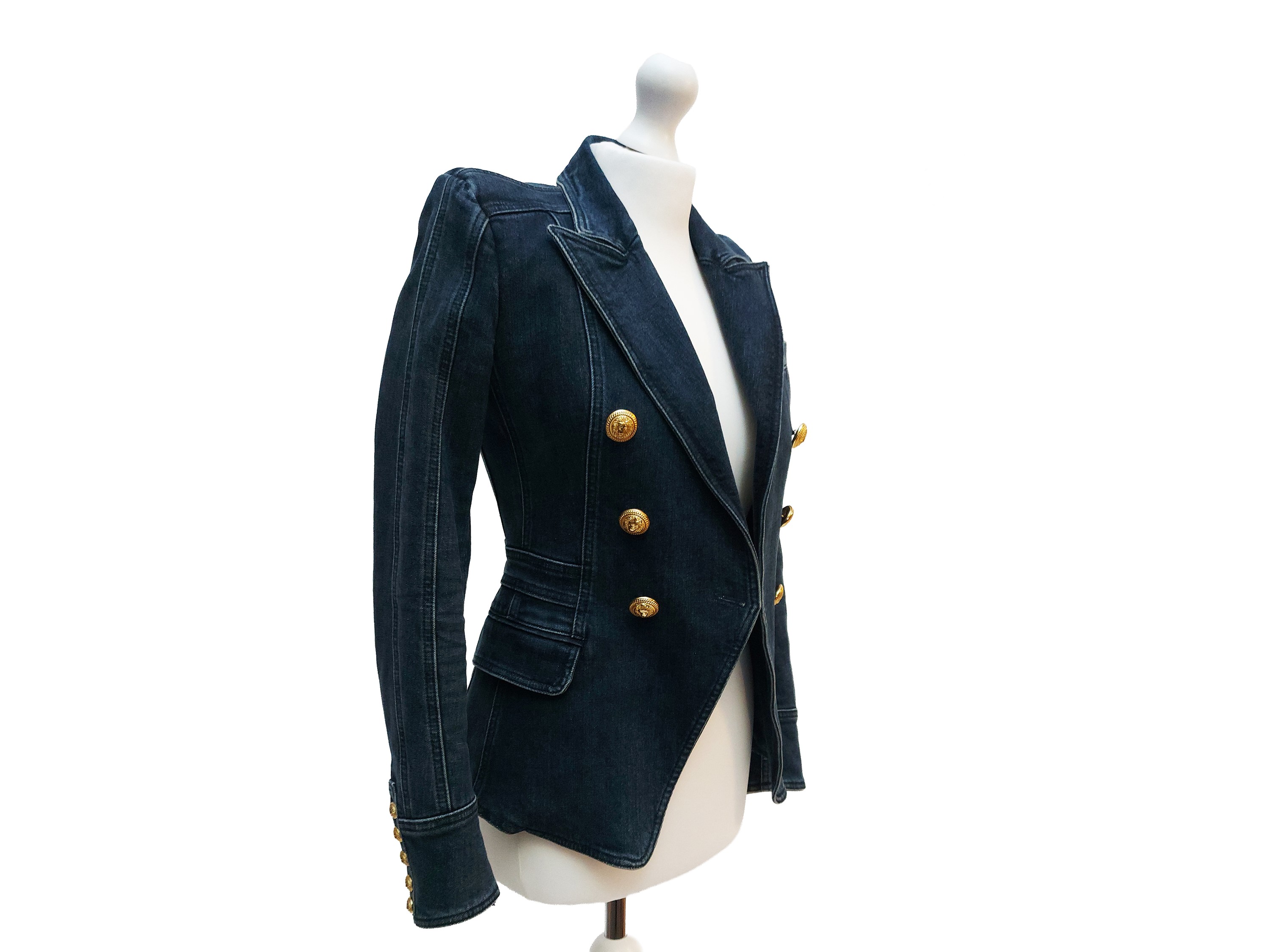 Balmain, Blazer doppiopetto in denim con bottoni gioiello color oro