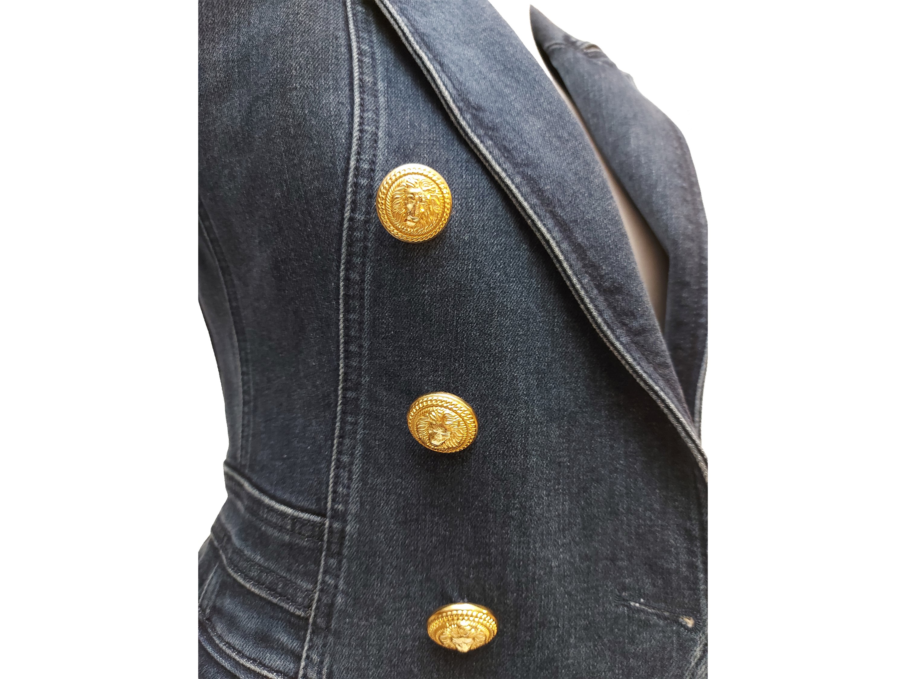 Balmain, Blazer doppiopetto in denim con bottoni gioiello color oro