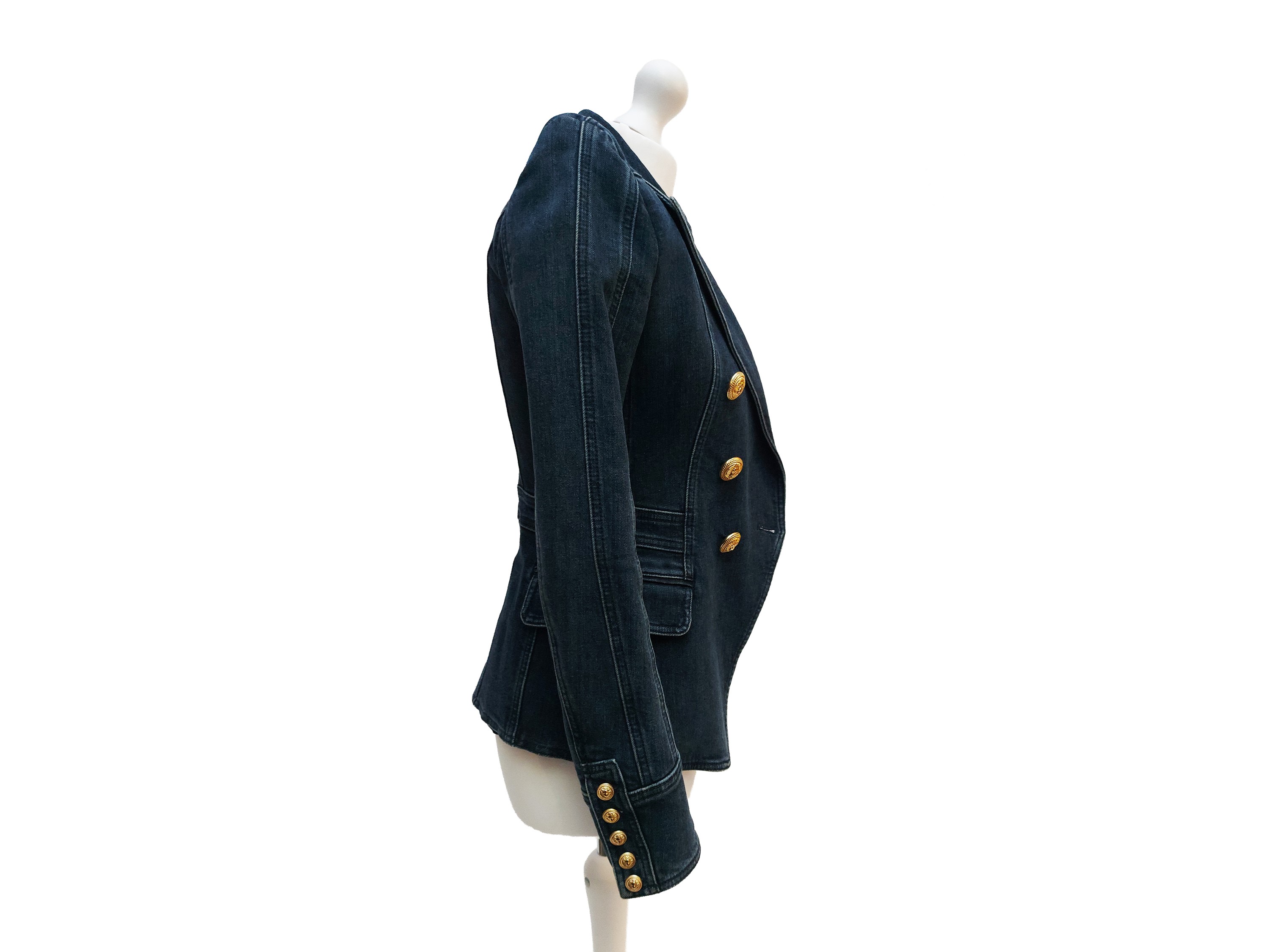 Balmain, Blazer doppiopetto in denim con bottoni gioiello color oro