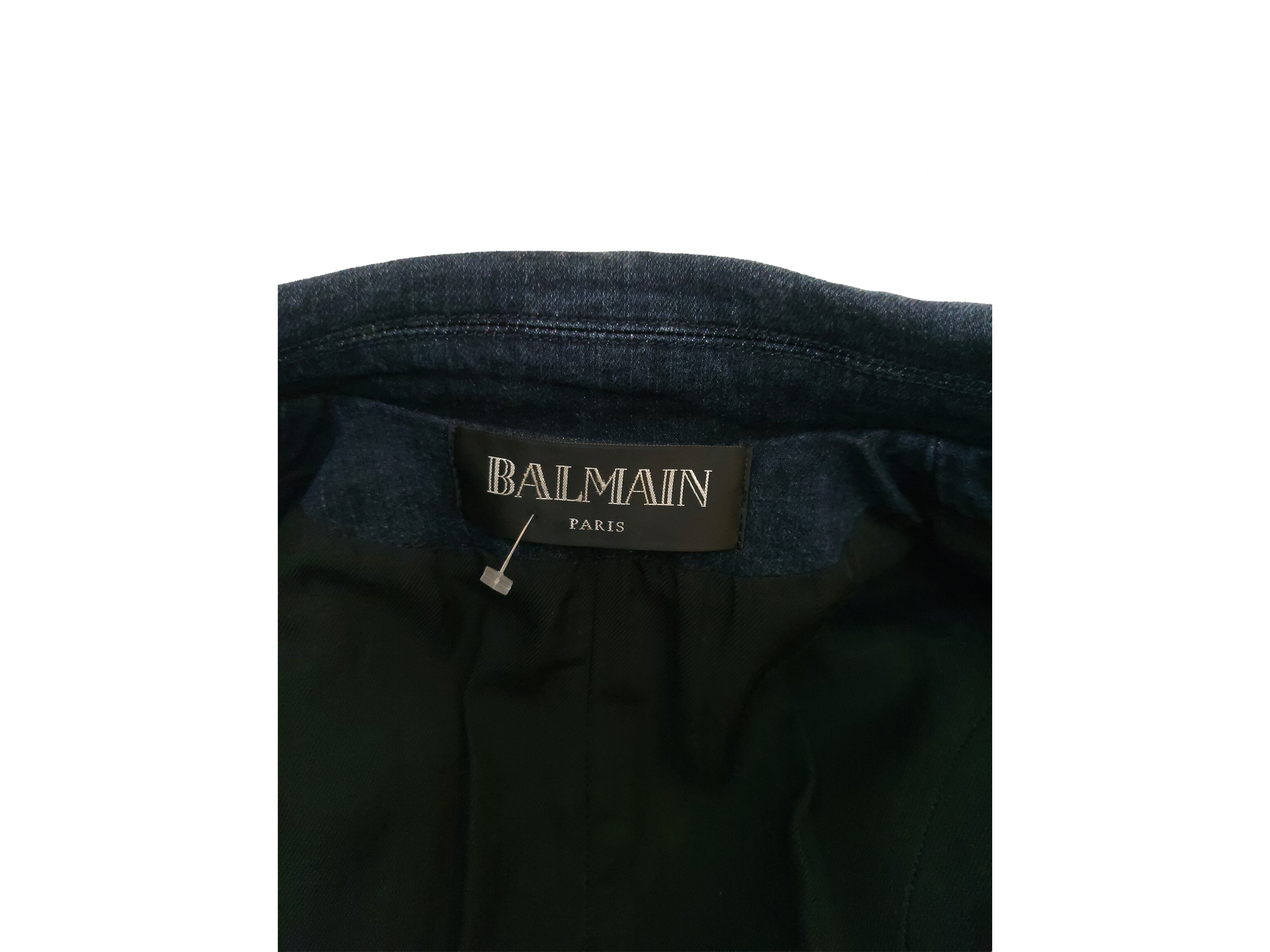 Balmain, Blazer doppiopetto in denim con bottoni gioiello color oro