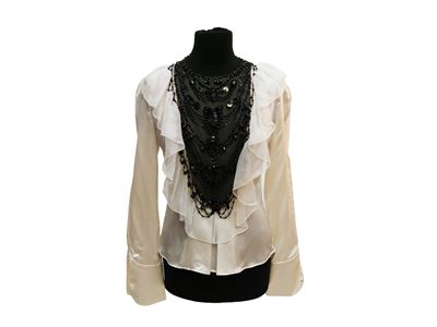 Valentino, Camicia in seta panna con rouches in organza e decoro in perline su tulle nero