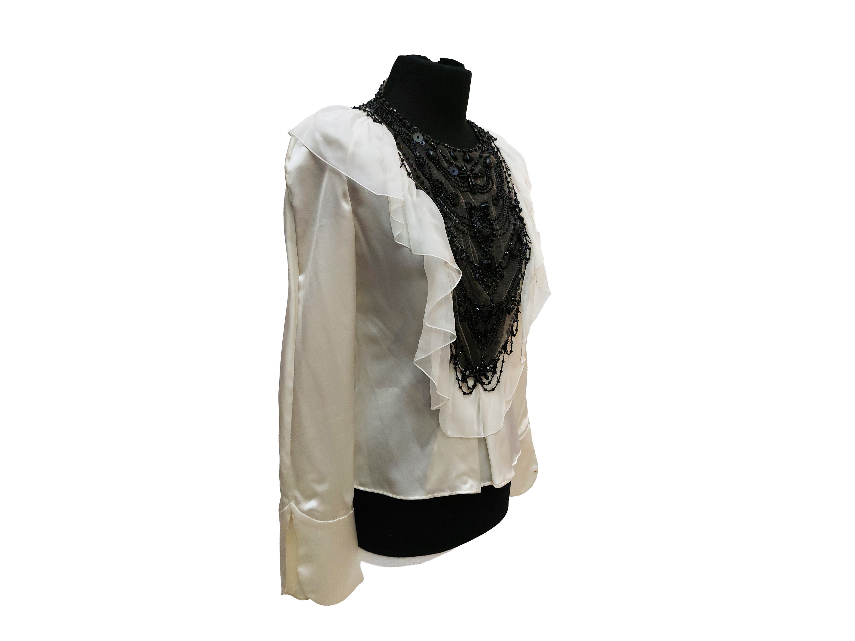 Valentino, Camicia in seta panna con rouches in organza e decoro in perline su tulle nero