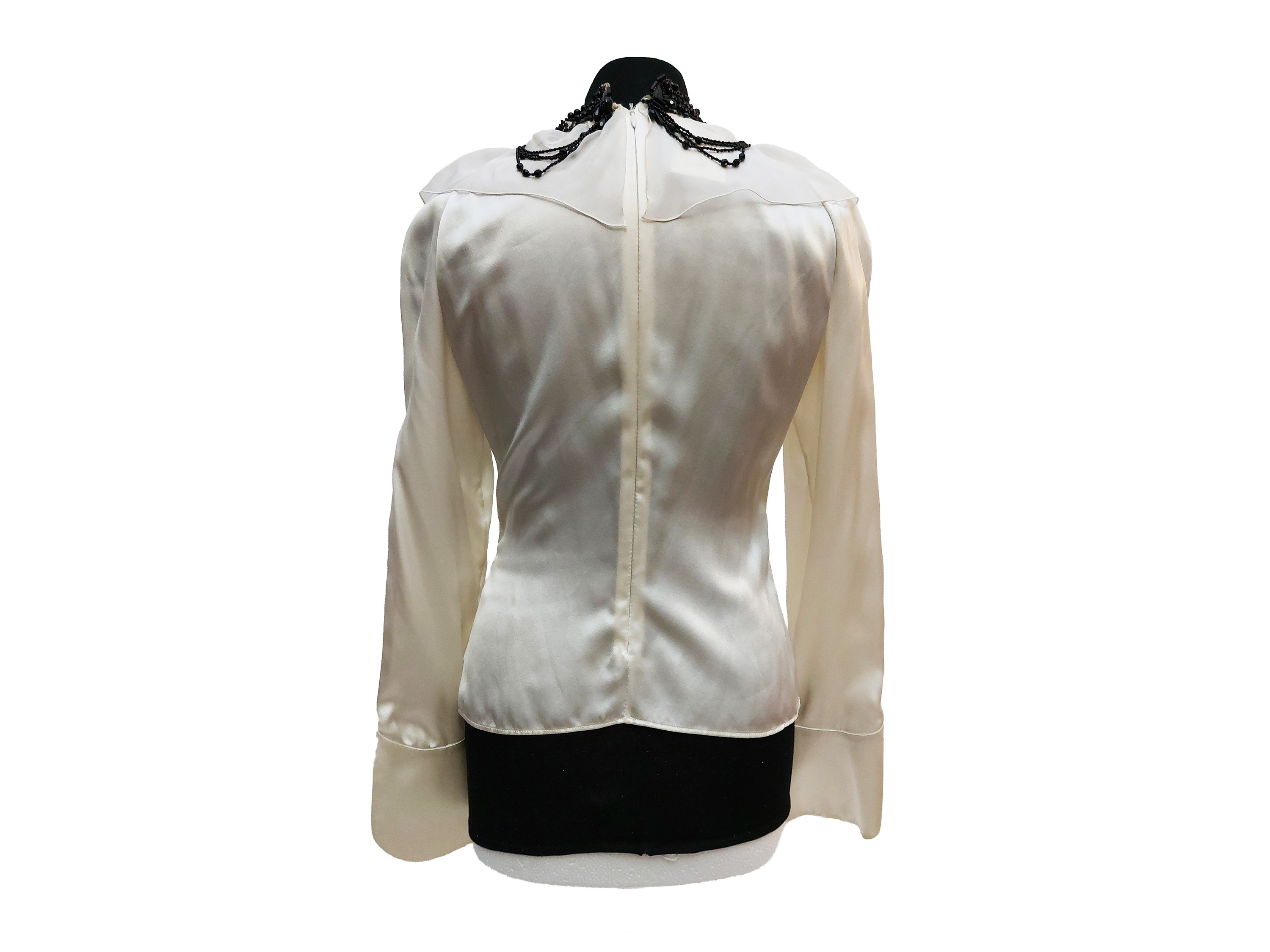 Valentino, Camicia in seta panna con rouches in organza e decoro in perline su tulle nero