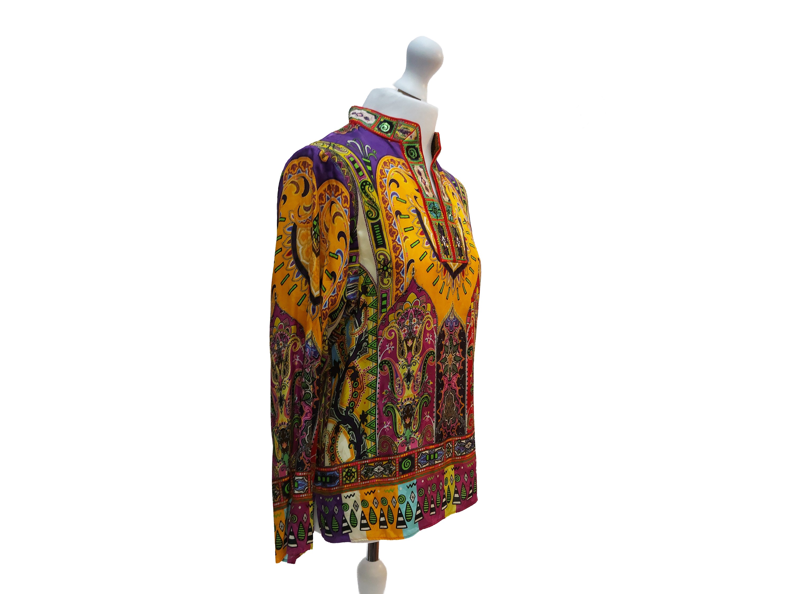 Etro, Camicia in viscosa e seta fantasia con collo alla coreana
