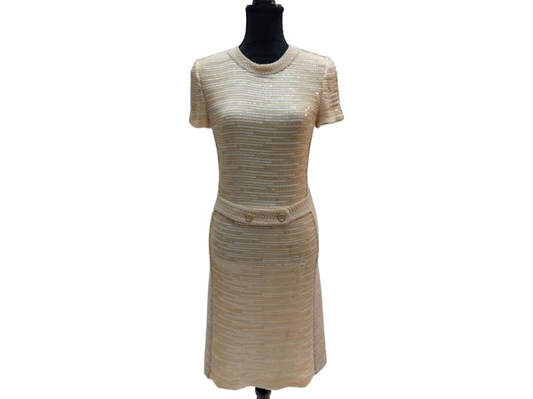Chanel - Beige and cream bouclé wool dress with sequins