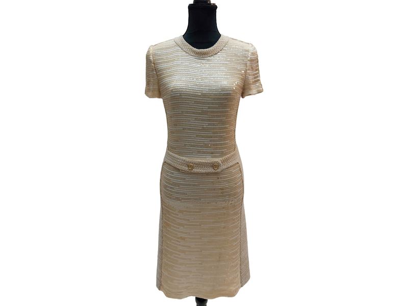 Chanel - Abito in Lana Bouclé e Paillettes Beige e Panna