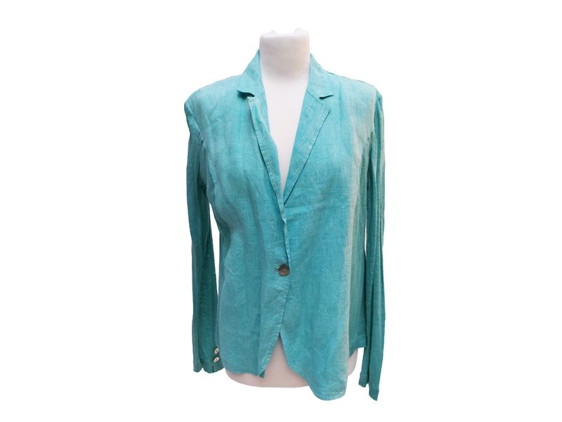 Completo casual in lino turchese, giacca monopetto con maniche in maglia e pantaloni larghi con e...