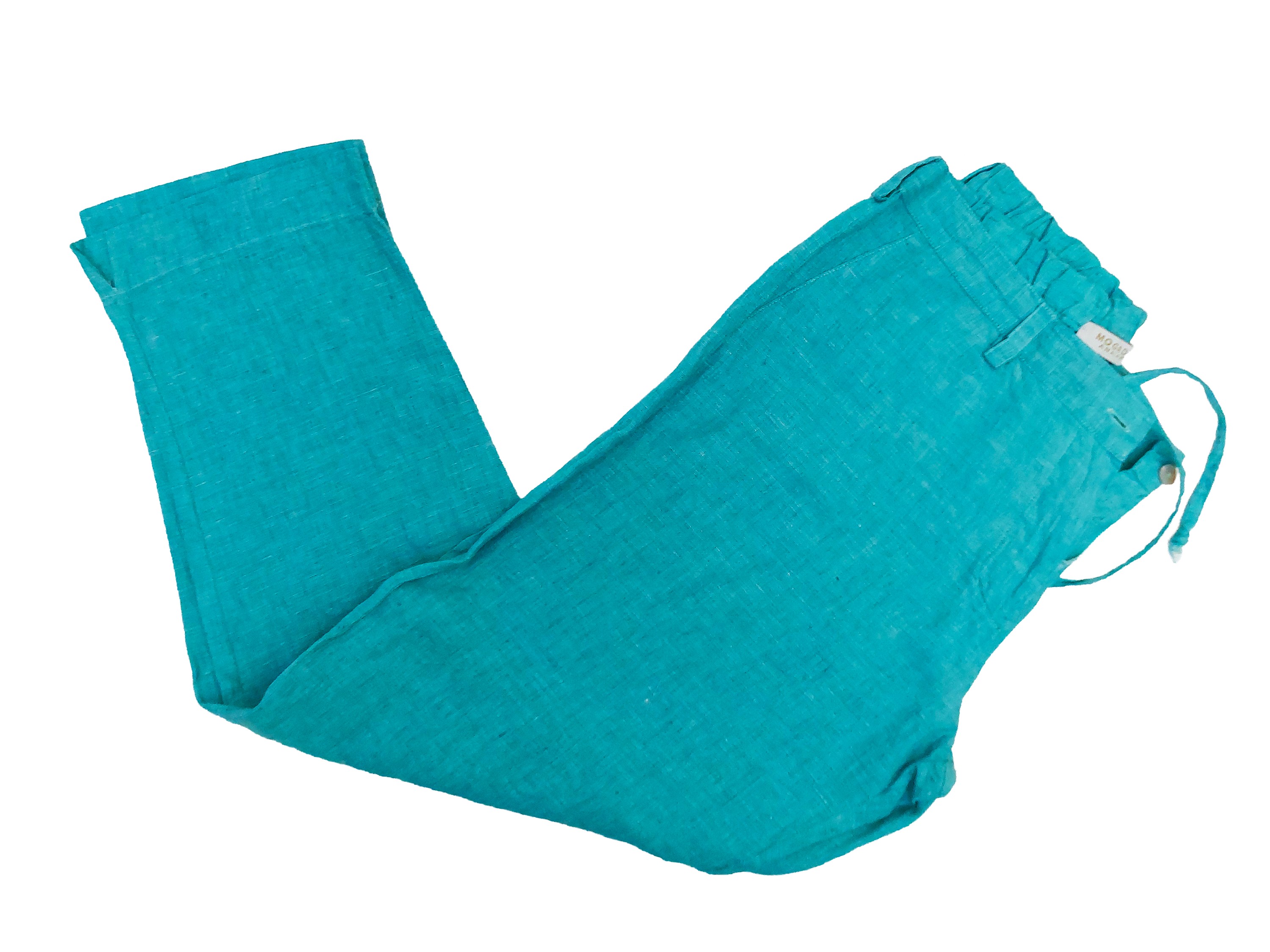 Completo casual in lino turchese, giacca monopetto con maniche in maglia e pantaloni larghi con e...
