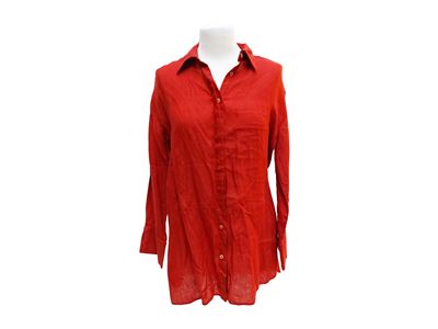 Completo casual in lino mattone, pantalone diritto e camicia lunga con spacchi laterali
