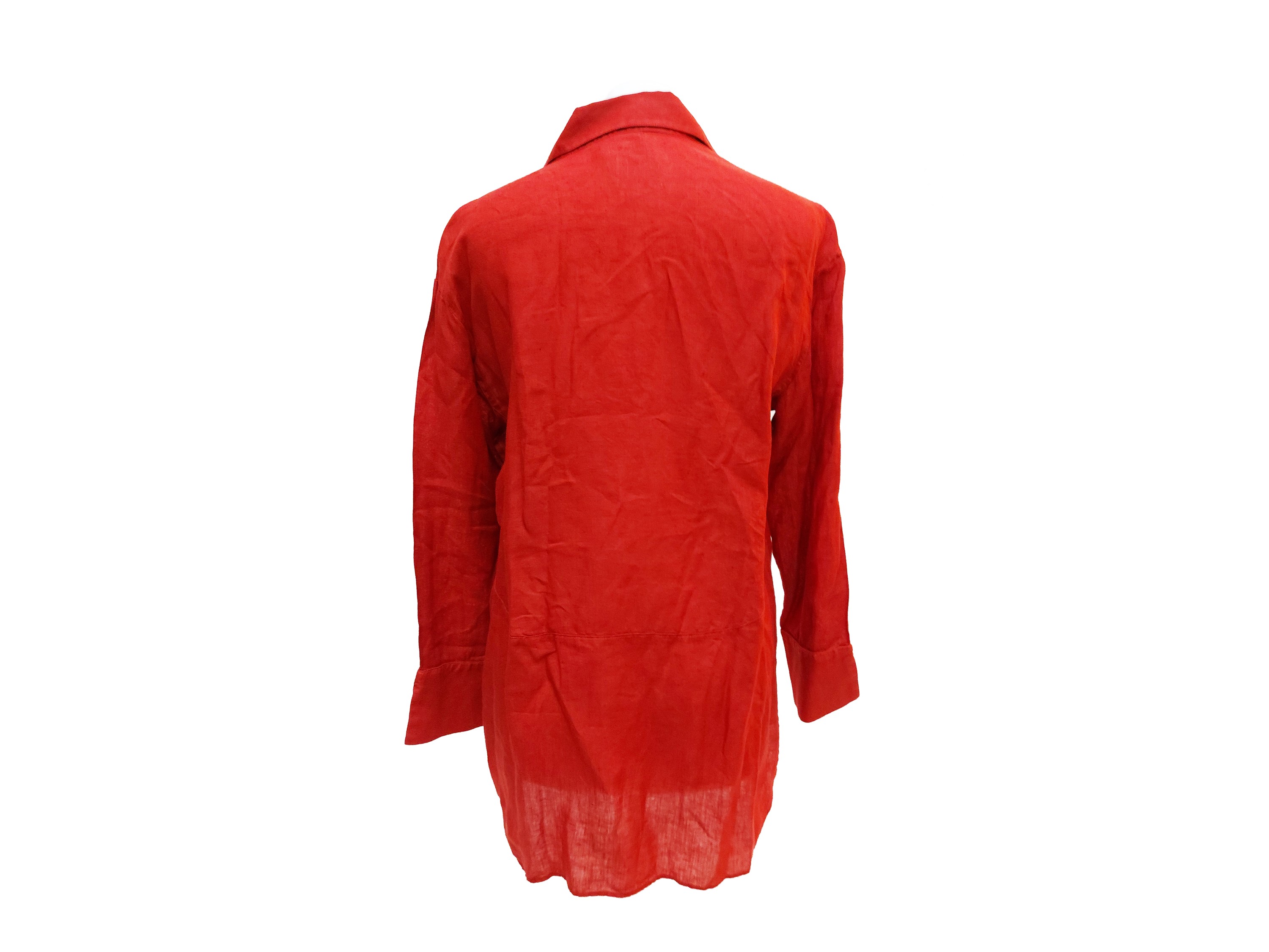 Completo casual in lino mattone, pantalone diritto e camicia lunga con spacchi laterali