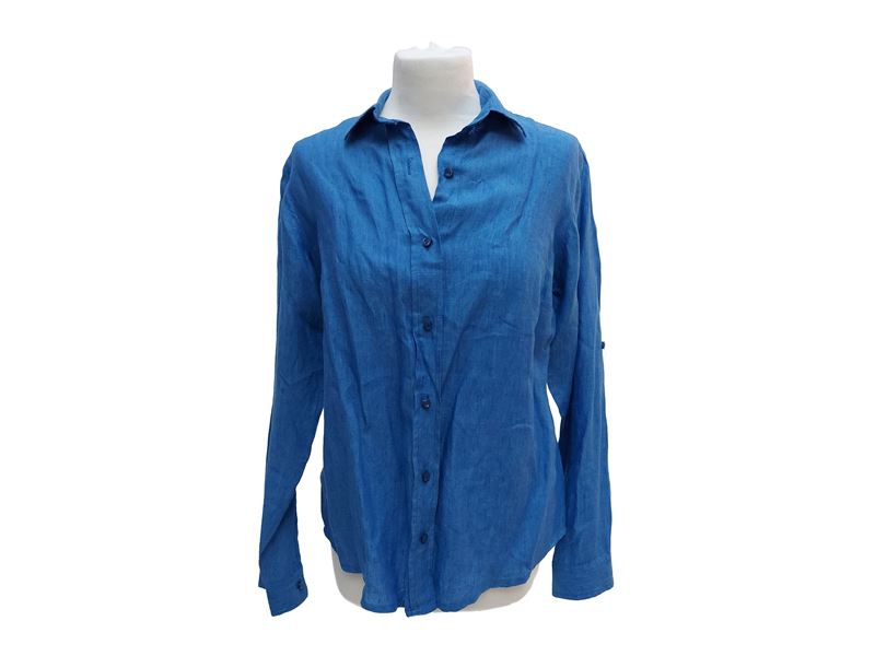 Completo in lino blu cobalto, camicia a maniche lunghe e pantaloni con elastico e coulisse in vit...
