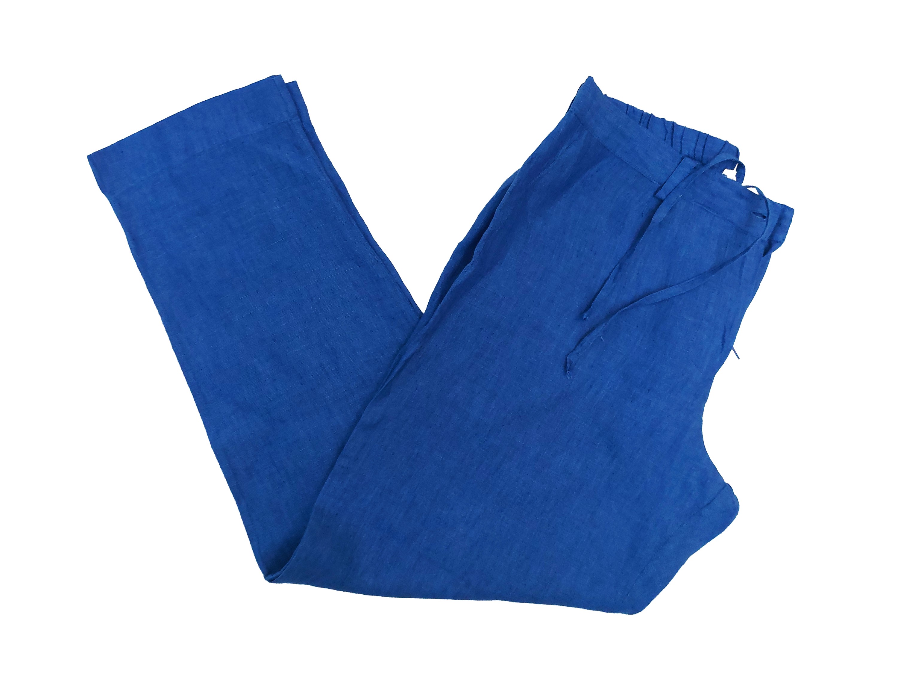 Completo in lino blu cobalto, camicia a maniche lunghe e pantaloni con elastico e coulisse in vit...