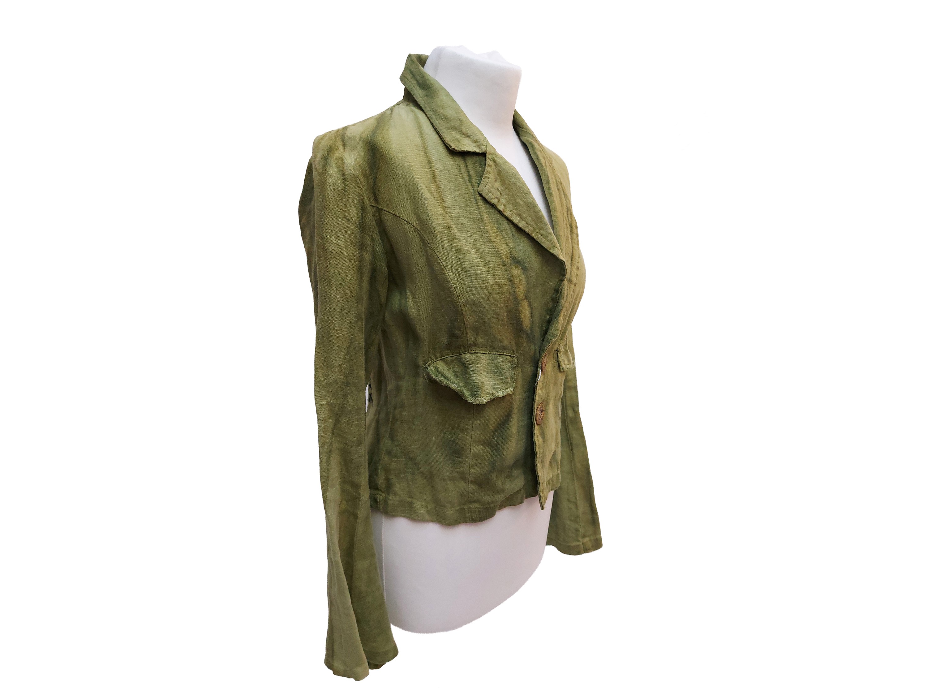 Completo casual in lino verde oliva, giacchina monopetto e pantaloni svasati