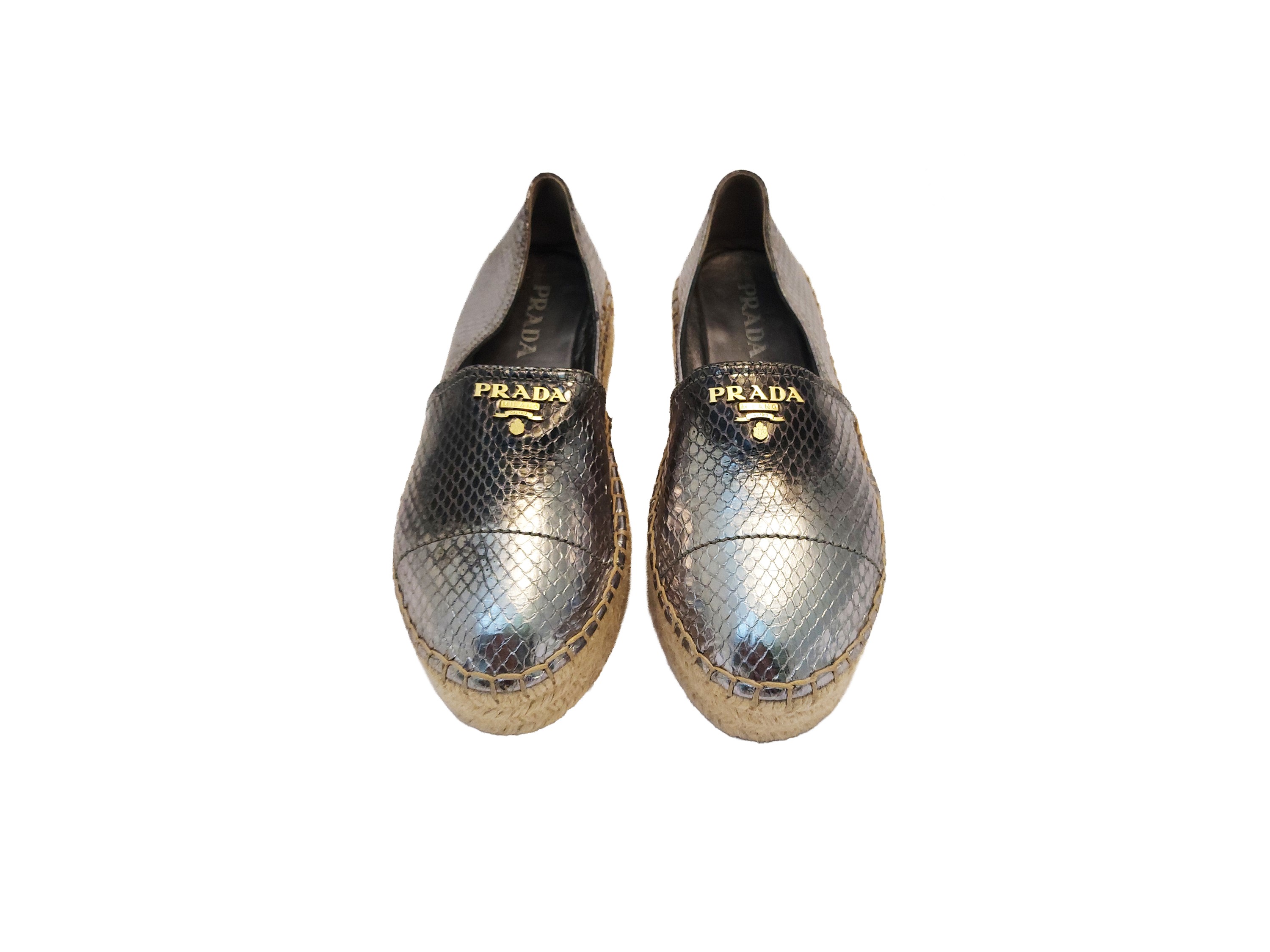 Prada, Espadrillas in pelle metallizzata argento con effetto pitonato e platform in corda